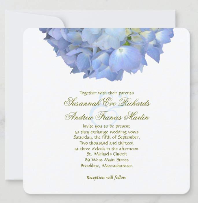 Blue hydrangea wedding invitation square cards