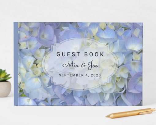 blue hydrangea wedding guest book
