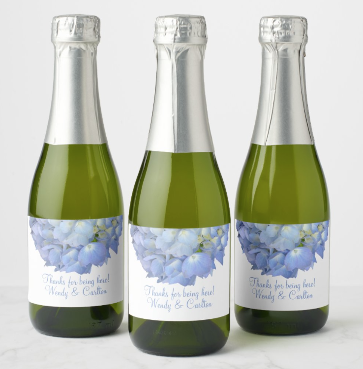 blue hydrangea wedding mini-champagne bottle labels