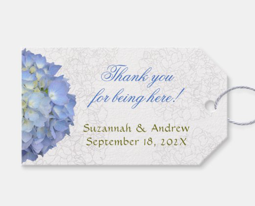 blue floral tie on favor tags moon hydrangea