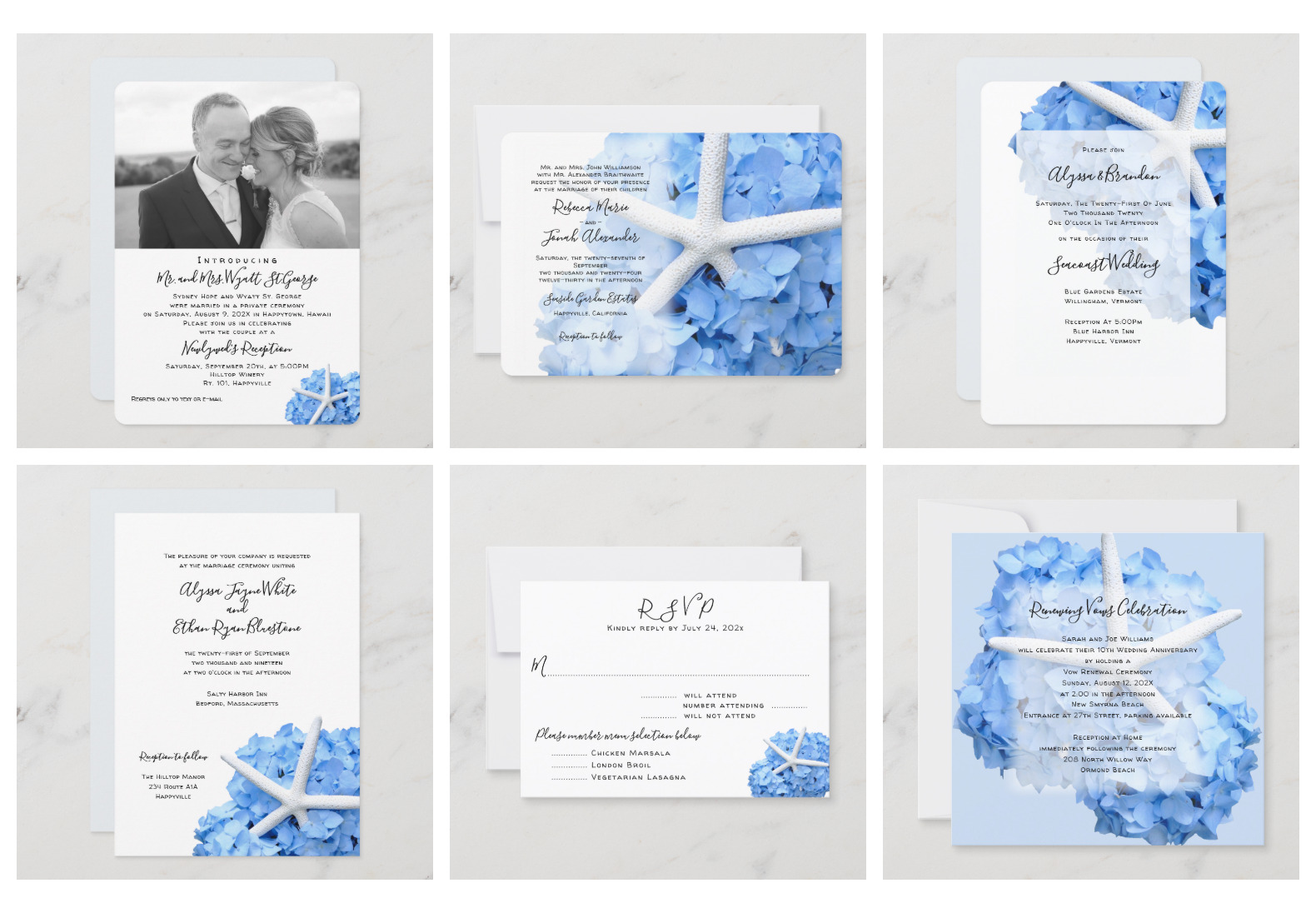 Seaside Garden blue hydrangea wedding stationery set