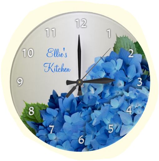 Round wall clock with blue hydrangea flowers