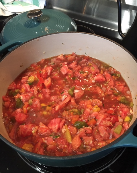 Chopped tomatoes and vegetables simmering in pot