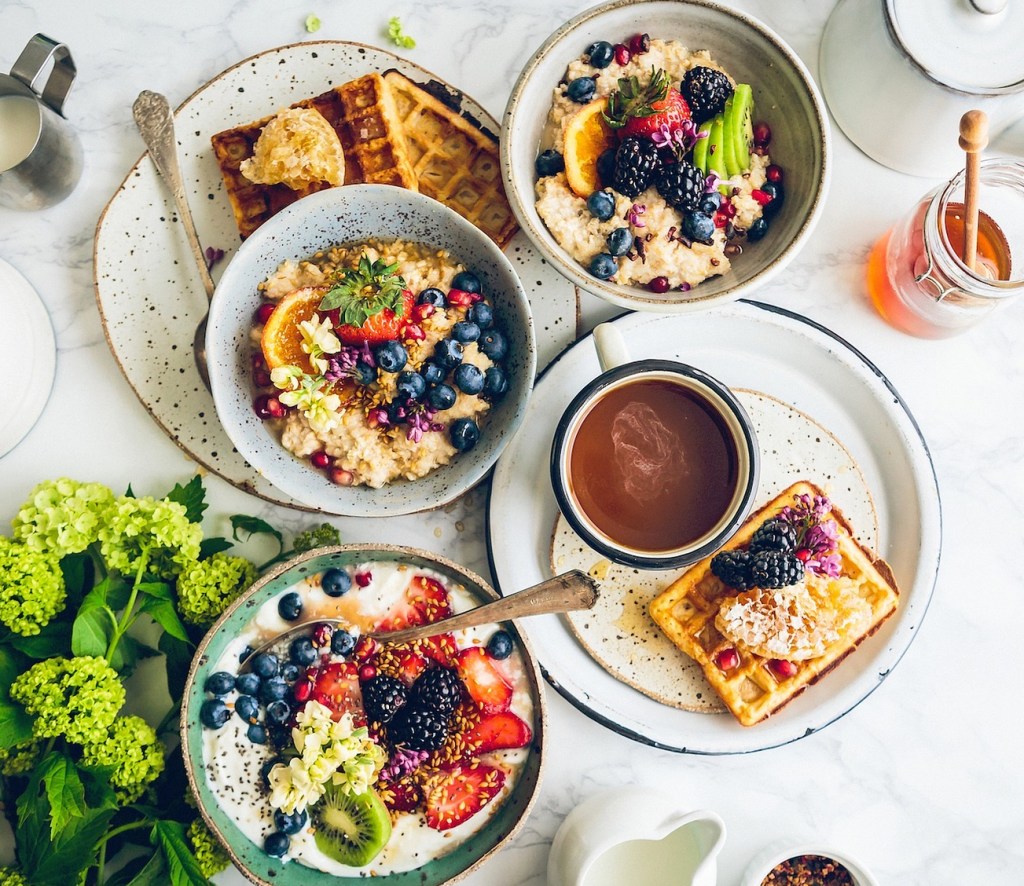 breakfast, fruit, meal, waffles, healthy