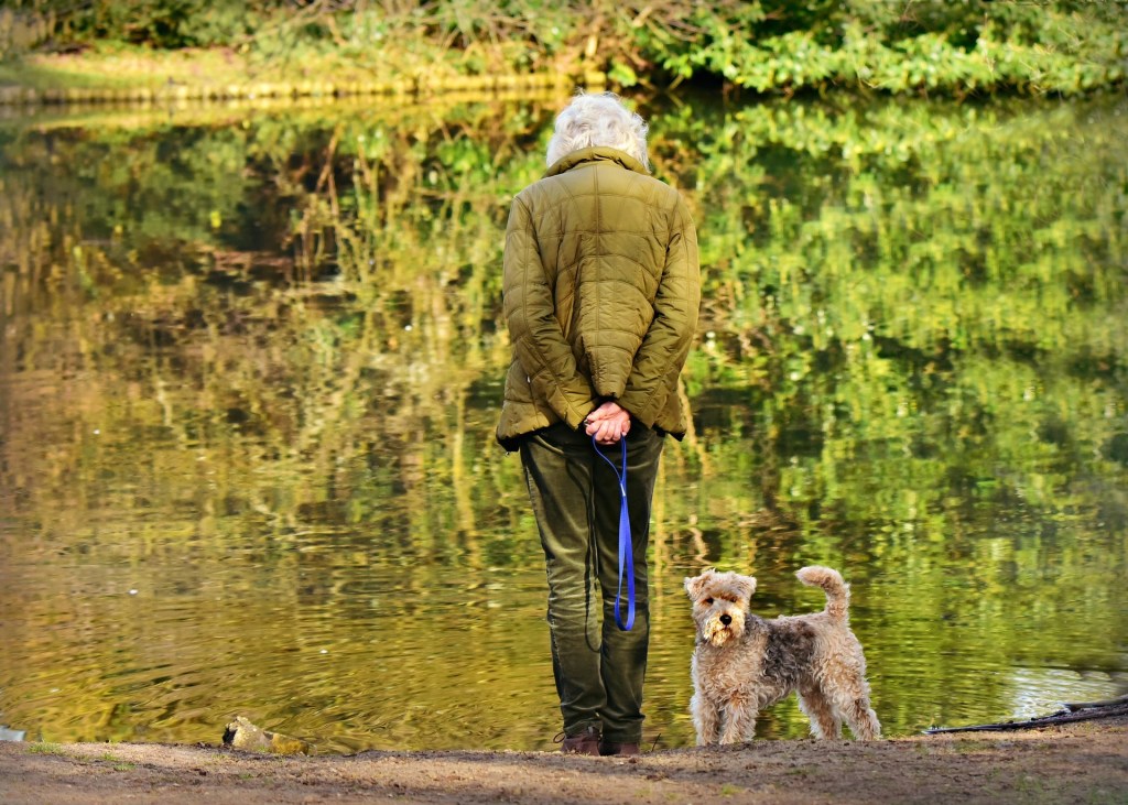 dog and woman at water