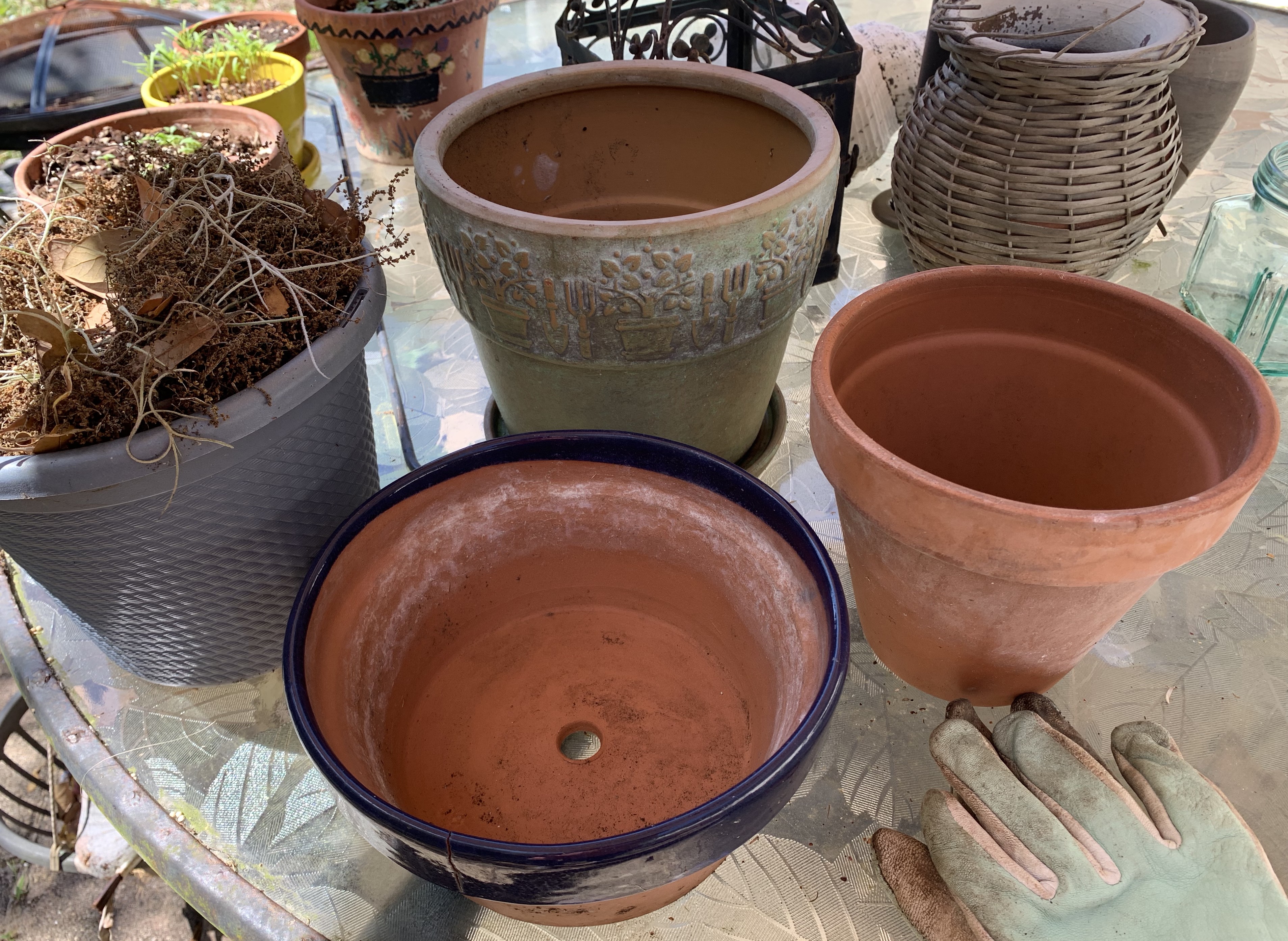 Gathering empty clay pots for planting