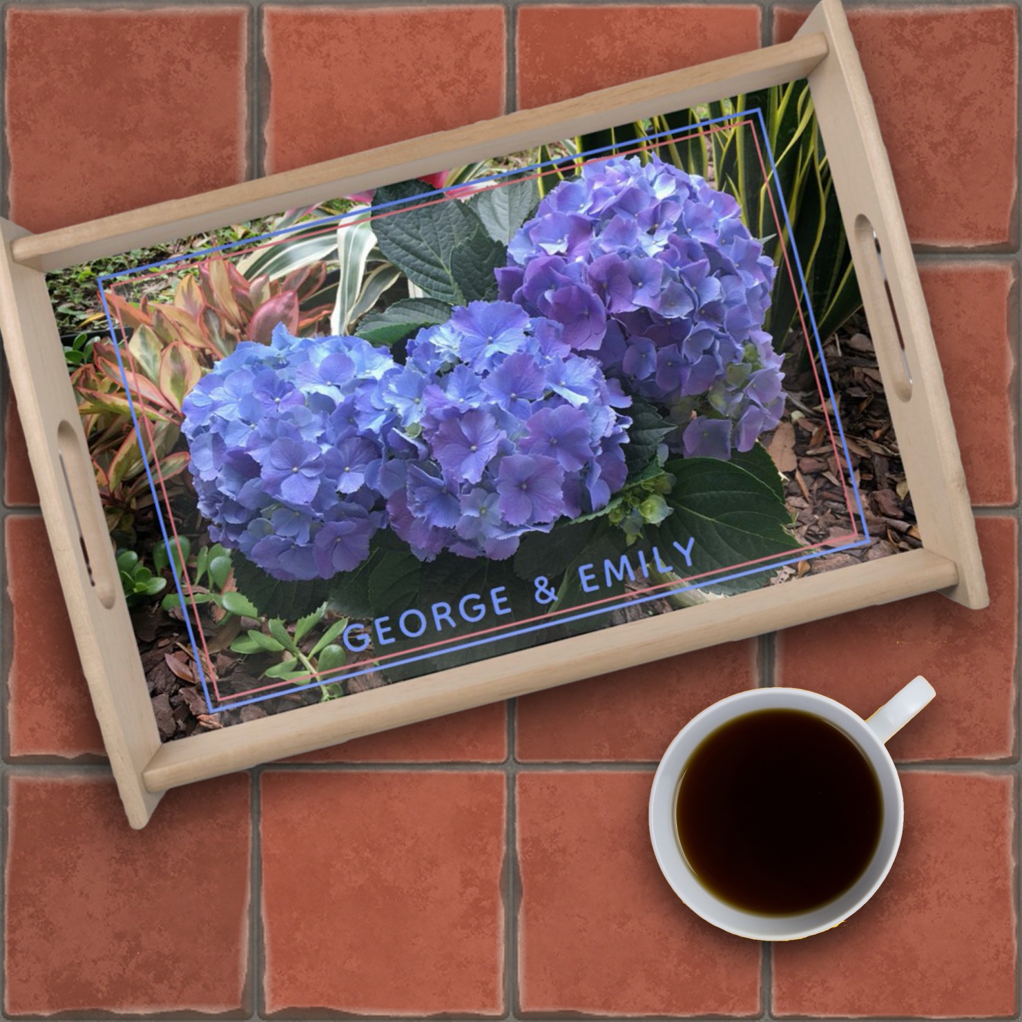 Blue hydrangea flowers wooden tray