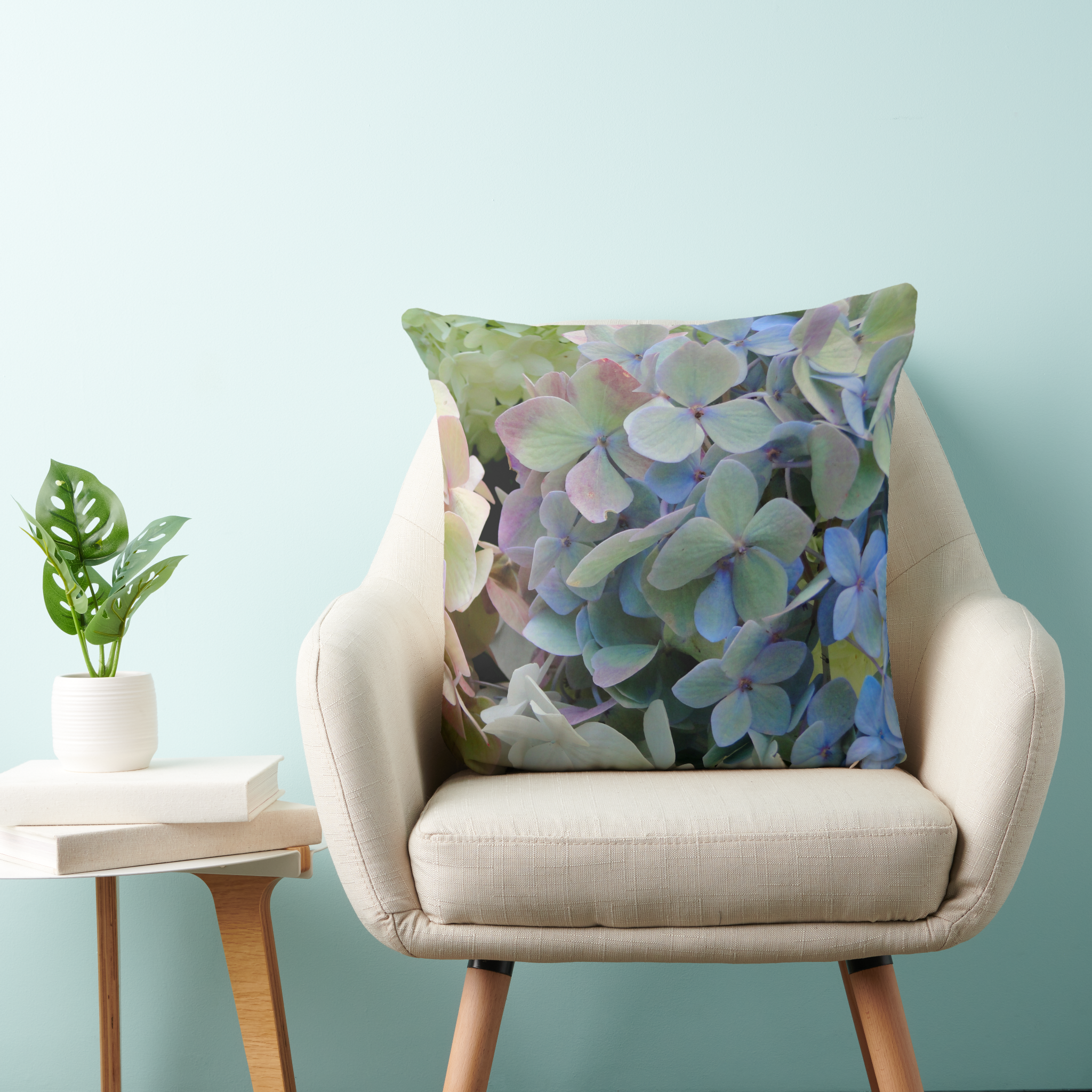 Blue hydrangea flowers throw pillow