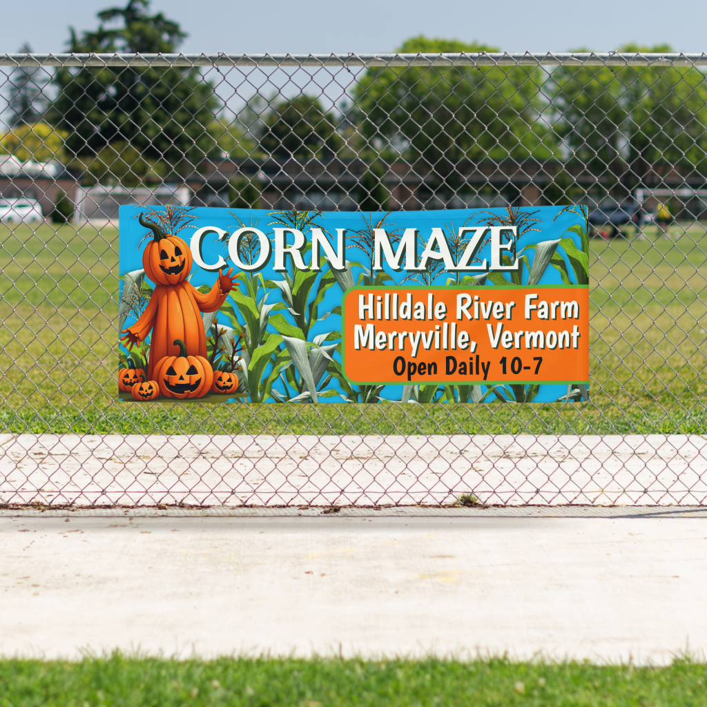 Corn maze banner to advertise Halloween and fall fun times at a local farm.