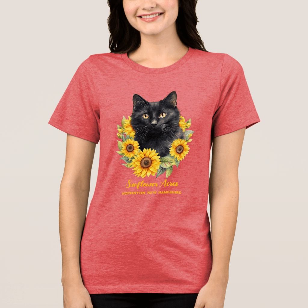 red short sleeve t-shirt with black cat face sunflowers and text template