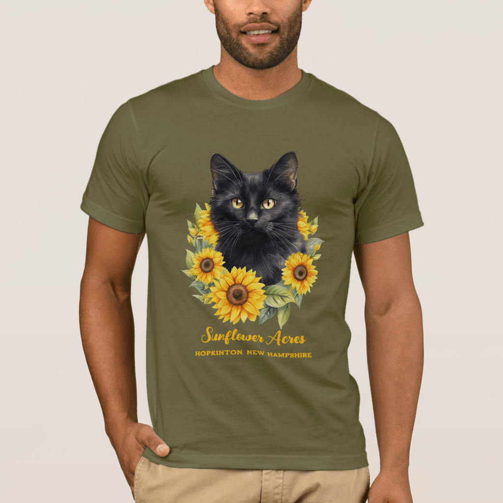 Army green mens t-shirt with black cat and sunflowers custom text at bottom
