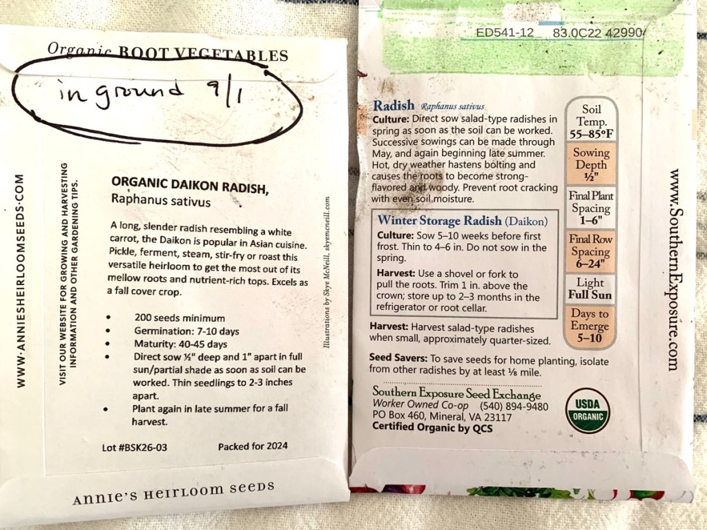 Daikon seeds packets from Annies and SESE