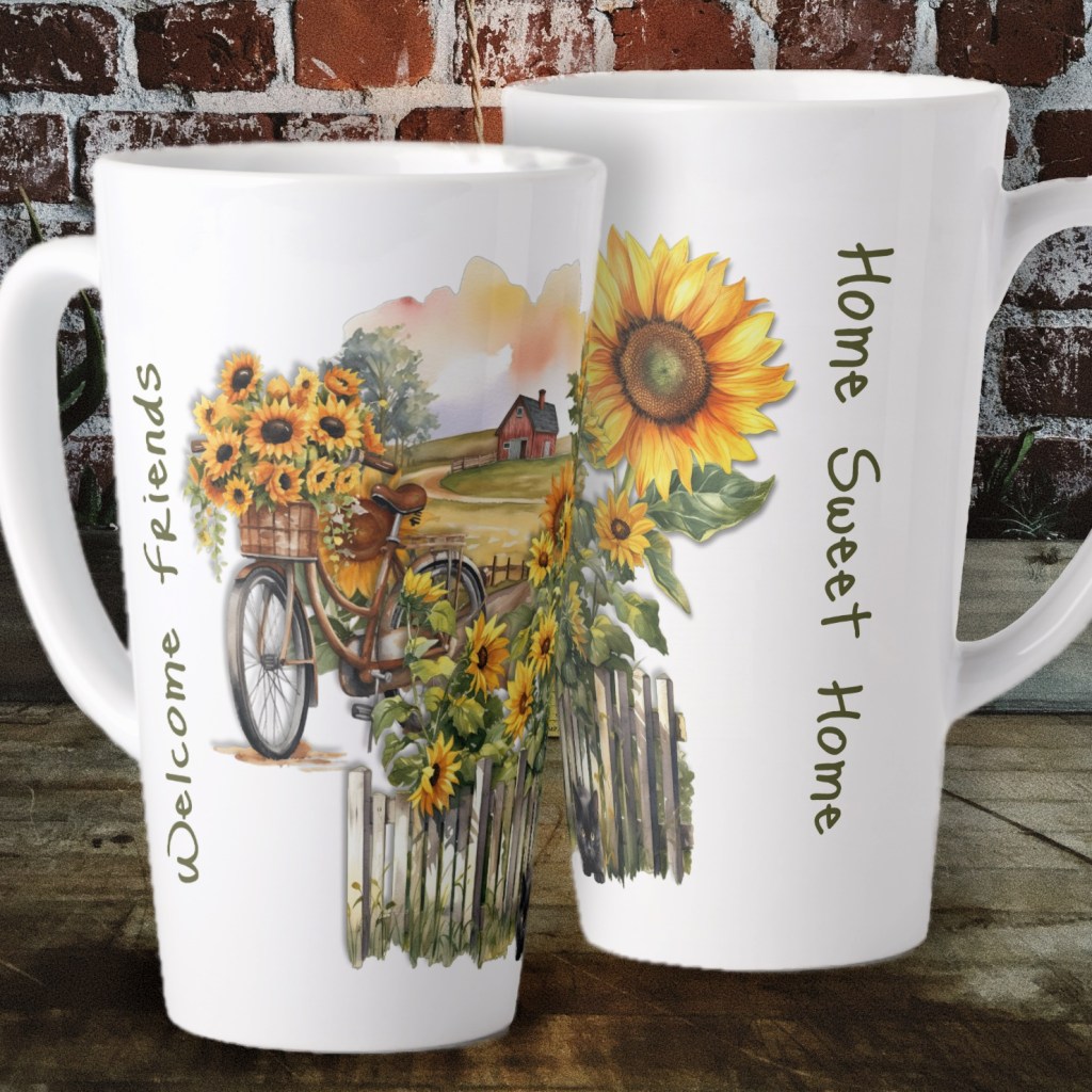 Sunflower farm scene latte mug with bicycle and picket fence. Text is "welcome friends" and "home sweet home".