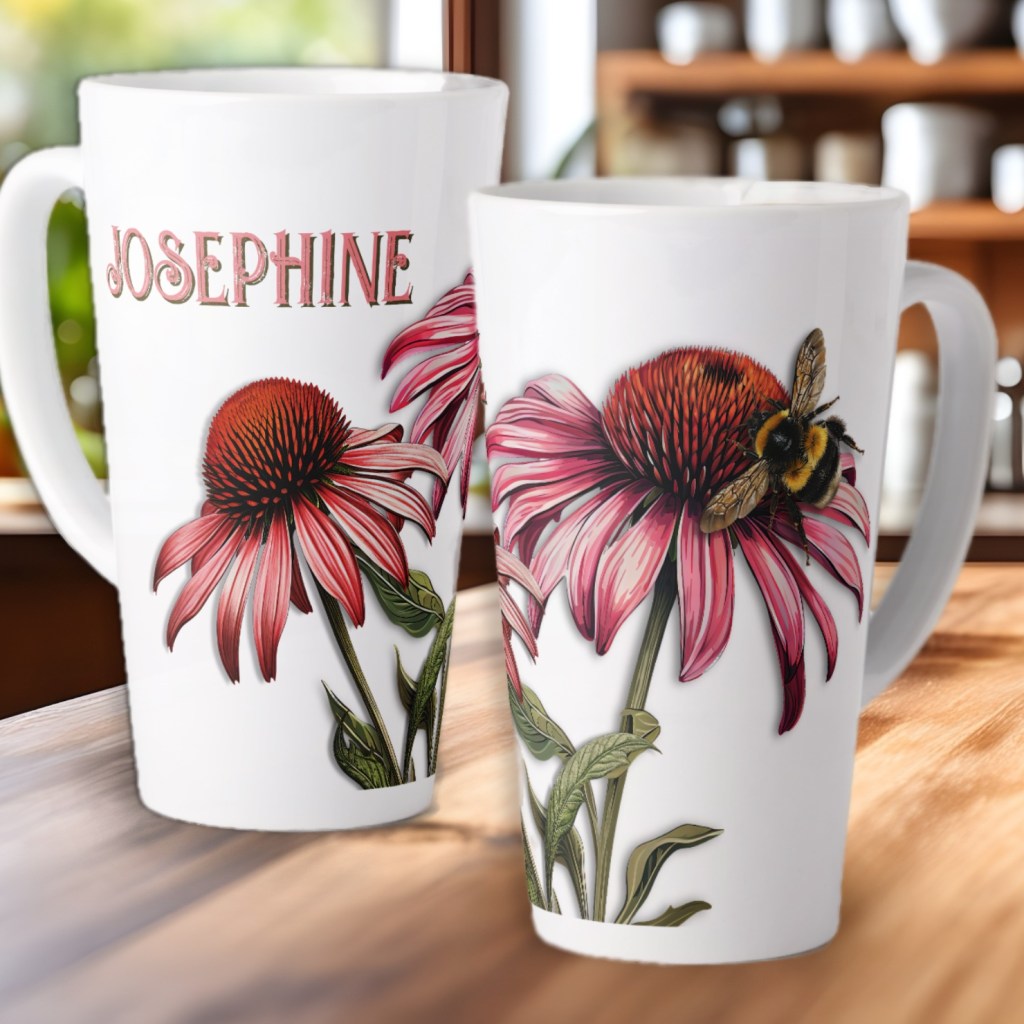 Latte mug with purple coneflowers, bumblebee and place for a name.