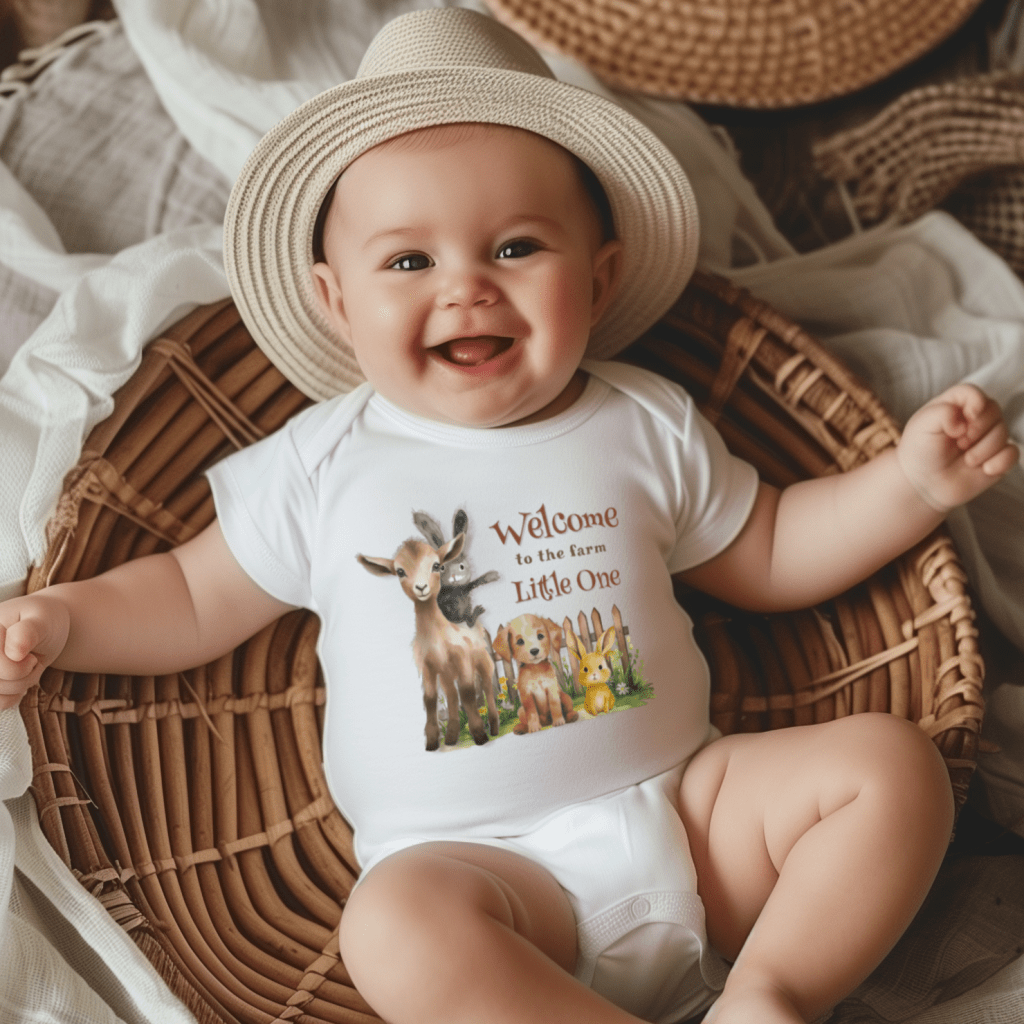 Farmer's baby tee with "welcome little one" text and baby animals design.