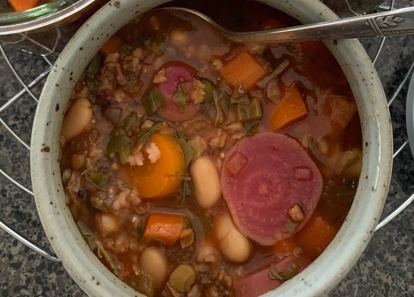 Garden vegetable soup in mug