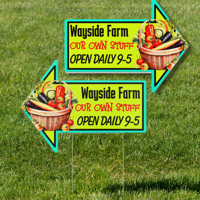 Farm stand market sign arrow shape vegetable basket image and black text farm name and hours