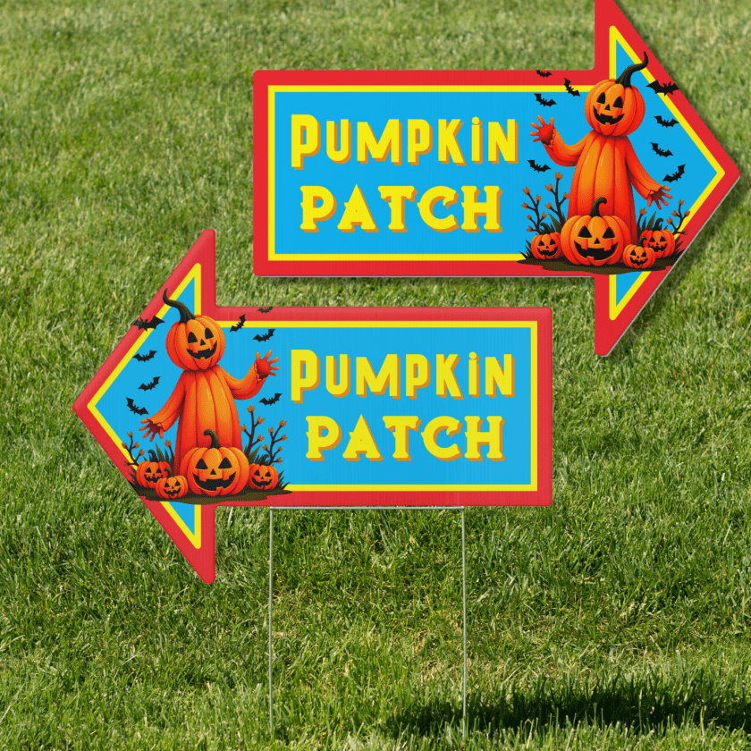 pumpkin patch arrow sign blue and orange with pumpkin man