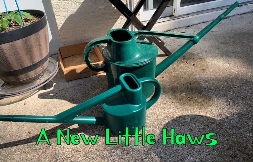 Haws plastic green watering cans in two sizes