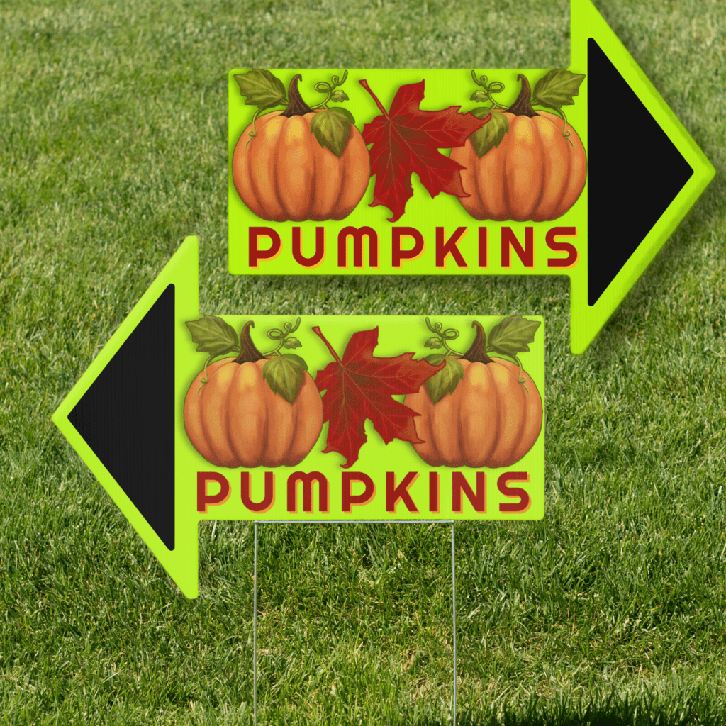 Arrow shaped roadside sign for pumpkins in lime green with red oak leaf and orange pumpkins design.