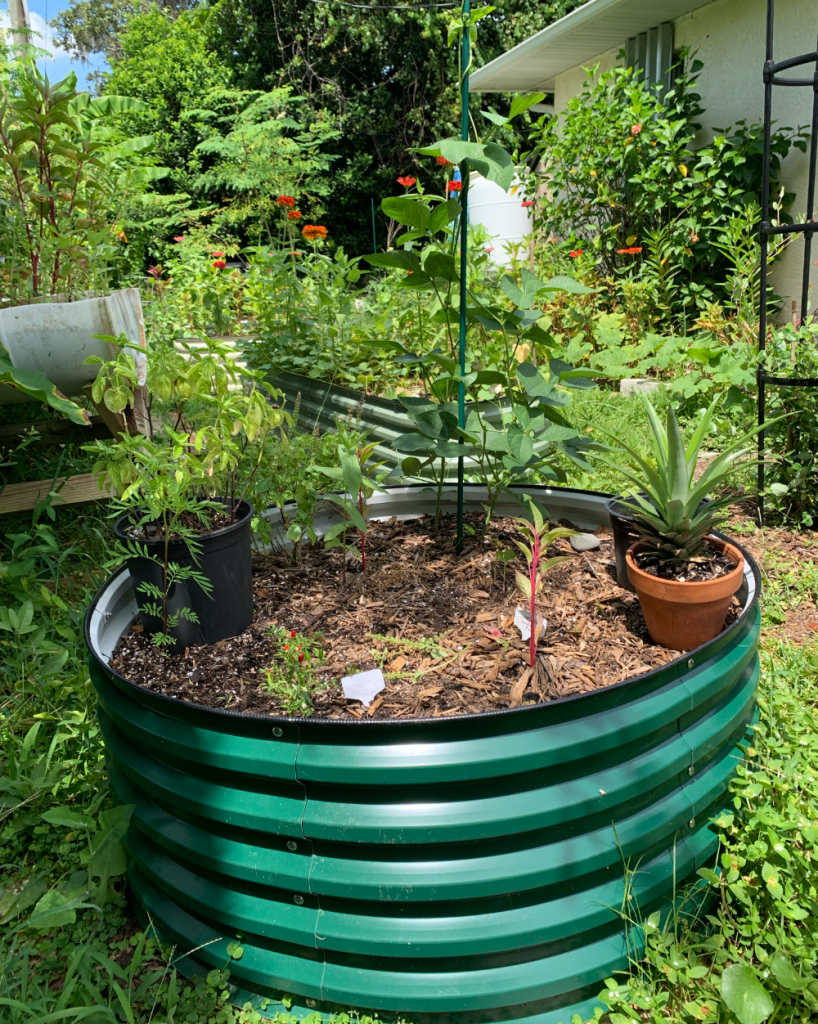 Round Vegega raised garden bed in dark green