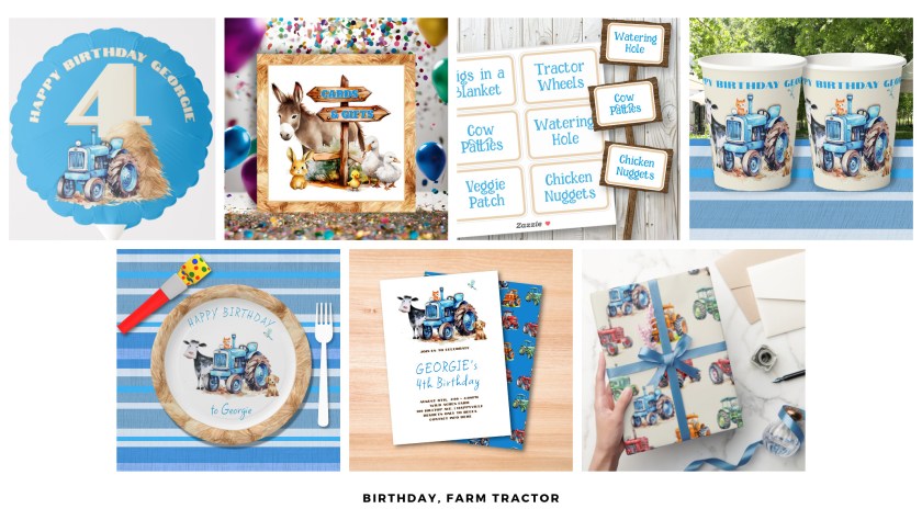 Farm tractor birthday party banner link to Zazzle.