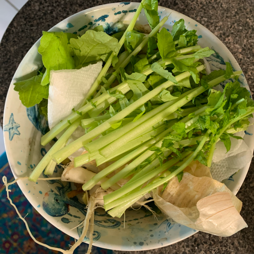 Stems of greens going into compost