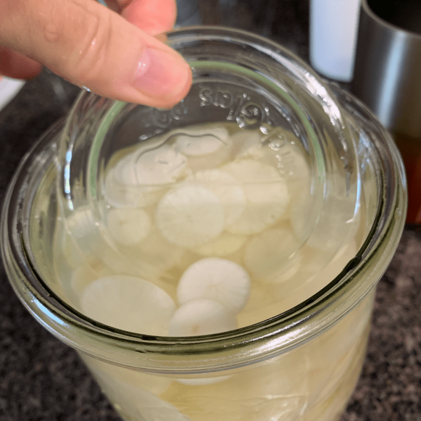 A medium size lid fits inside a larger jar to hold down the slices.