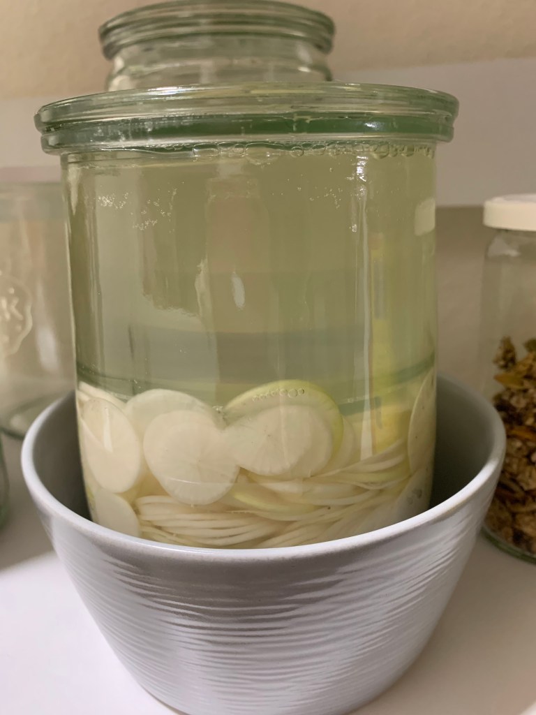 Fermenting daikon radish - day two with rising slices and bubbles