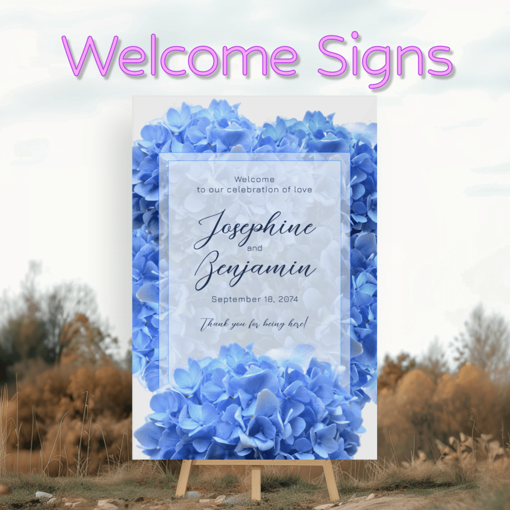 Blue hydrangea flowers wedding welcome sign, large size with custom text on an opaque acrylic sign for an easel.