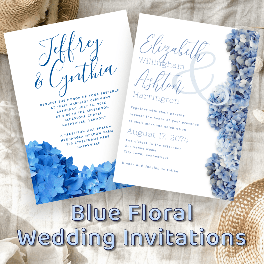 Blue floral wedding invitation templates with realistic blue flowers designs