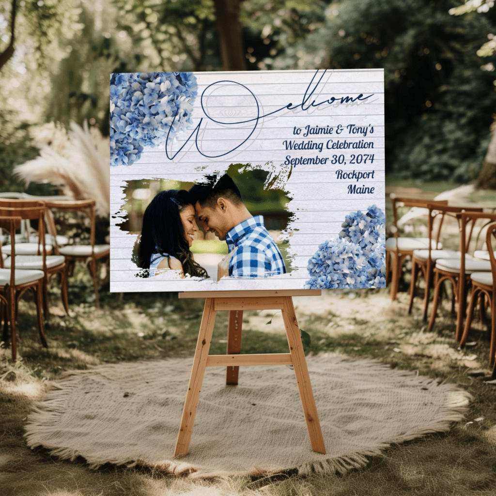 Rustic photo wedding welcome sign with blue flowers and custom text