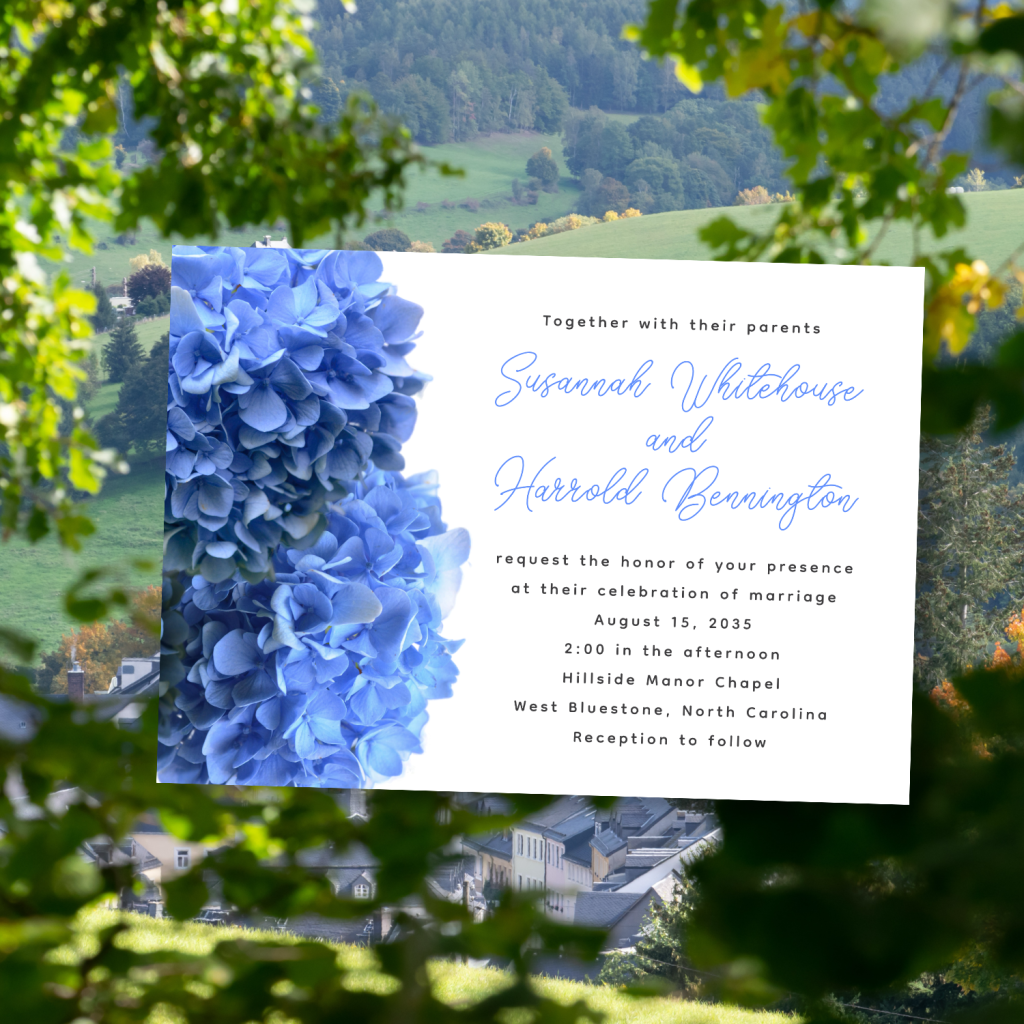 Bright blue edge border of big hydrangea flowers on wedding invitations