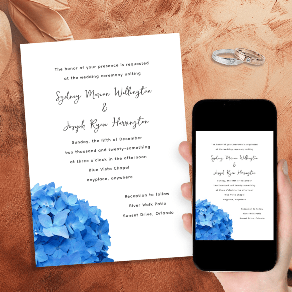 Blue hydrangea flowers wedding invitation template with download option