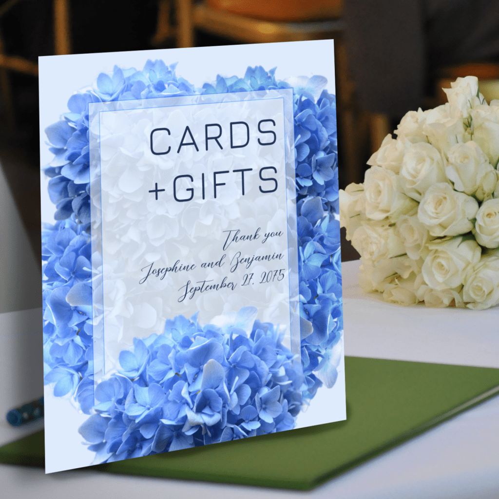 Blue floral wedding reception 'cards and gifts' standing table sign with size options.