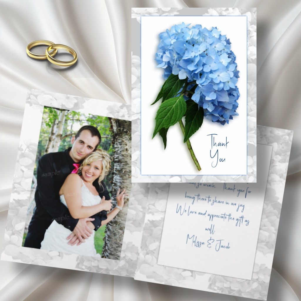 Folded wedding thank you custom message cards with blue hydrangea flowers design and photo template inside.