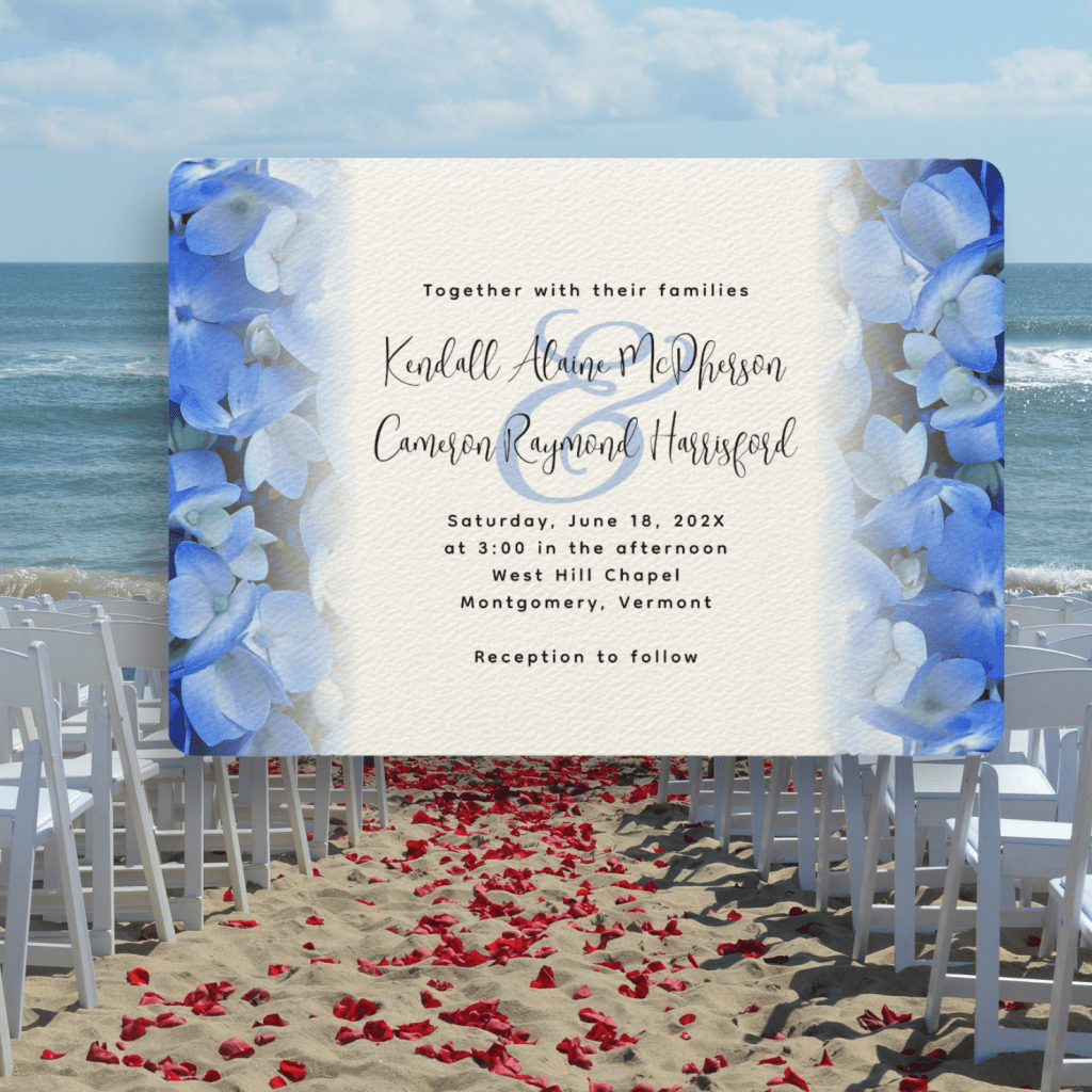 Horizontal wedding invitations with blue floral edges
