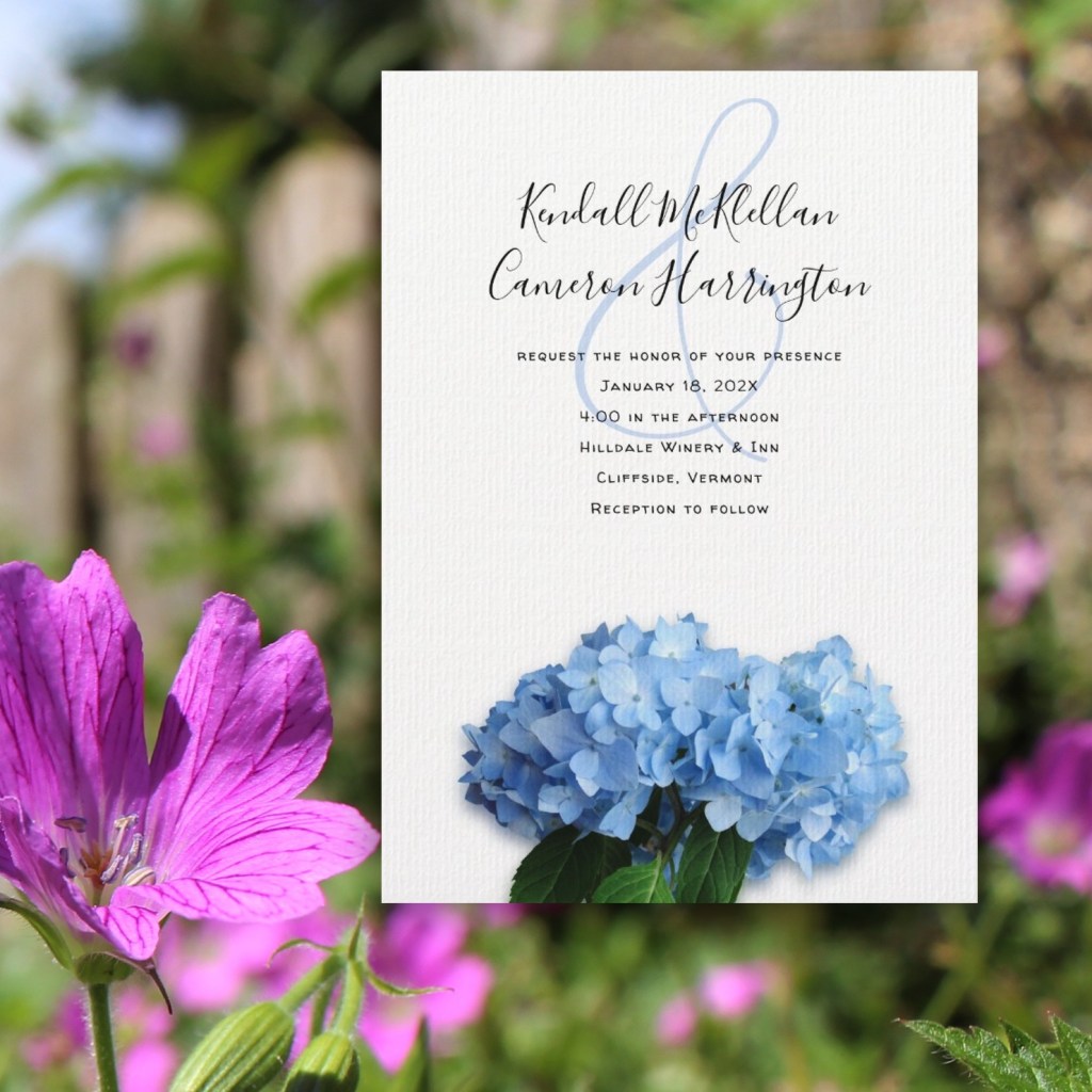 blue hydrangea flowers custom wedding invitation