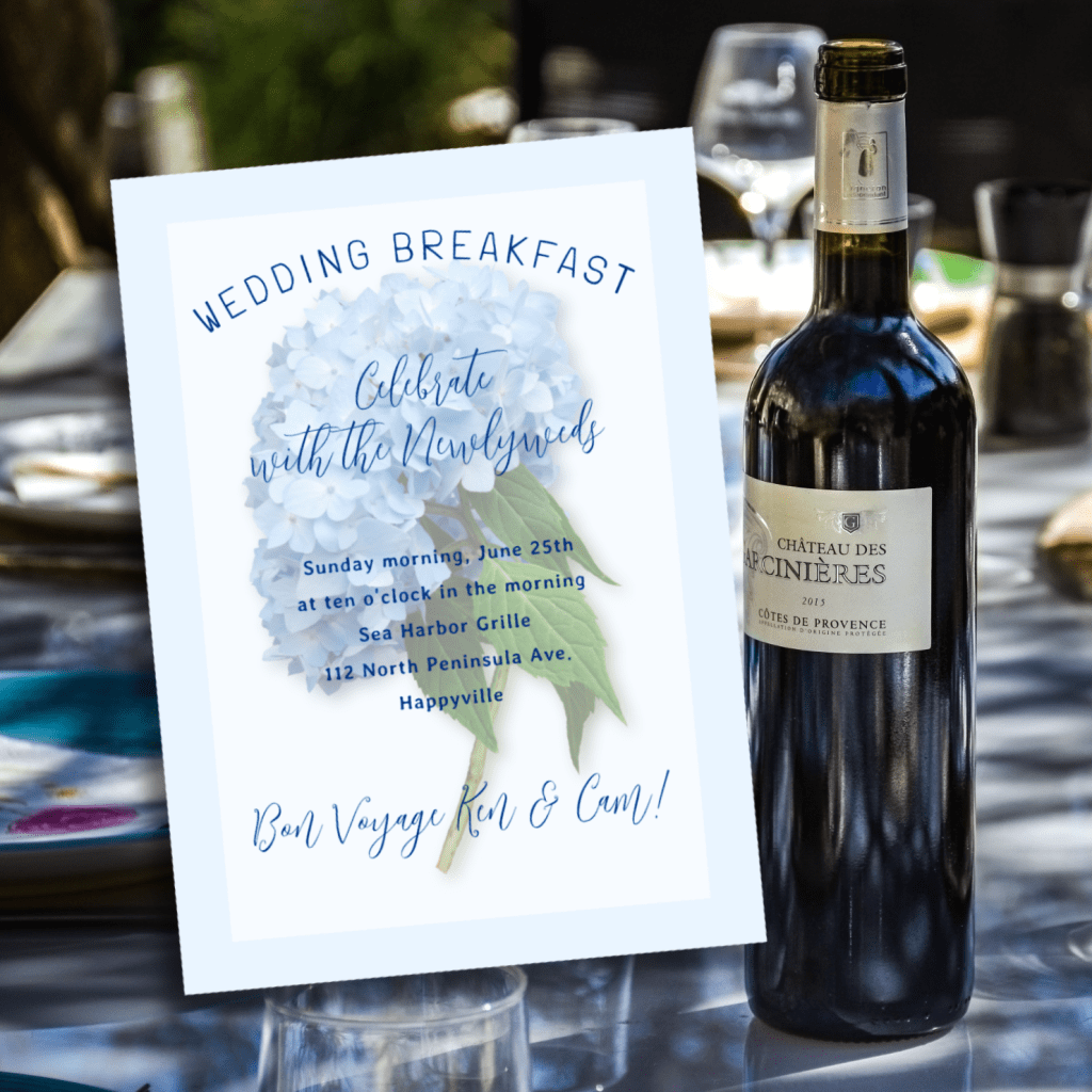 Wedding breakfast invitation with big blue hydrangea flowers background