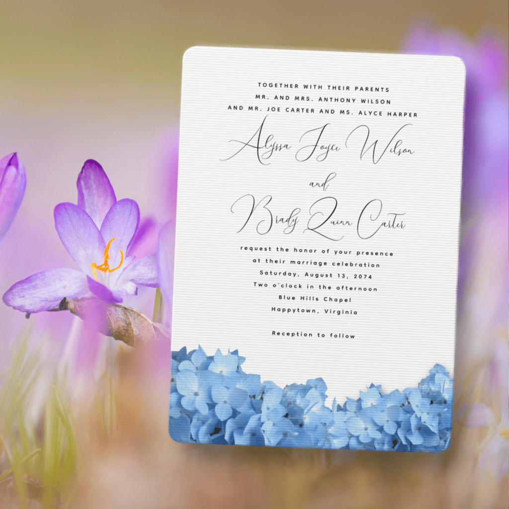 Light blue hydrangea flowers wedding invitation template and big script names