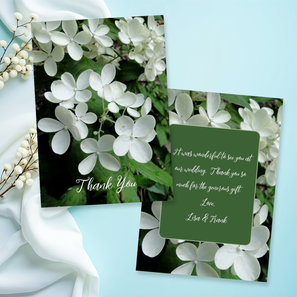 White hydrangea flowers custom thank you message flat cards