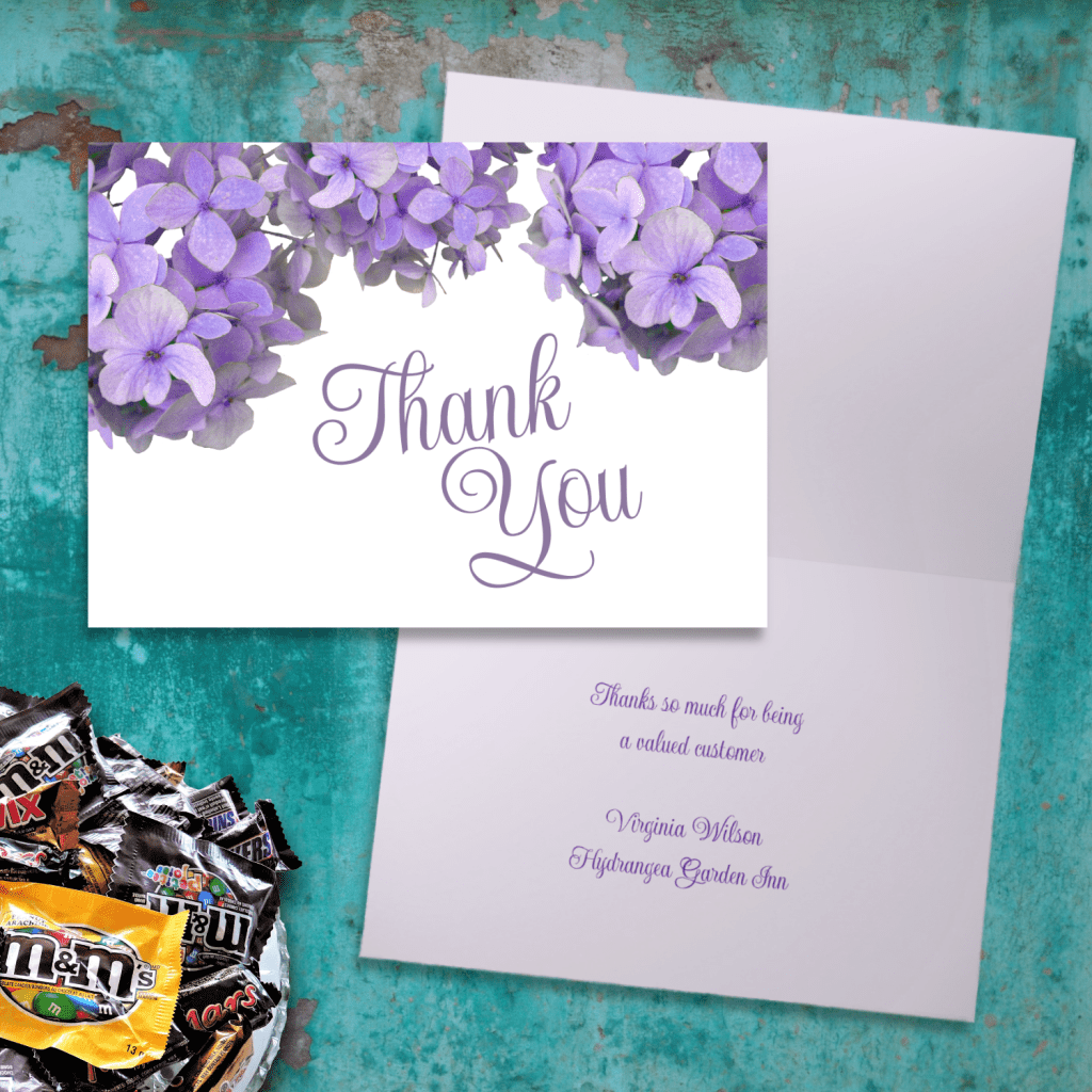 Purple flower folded thank you custom message cards