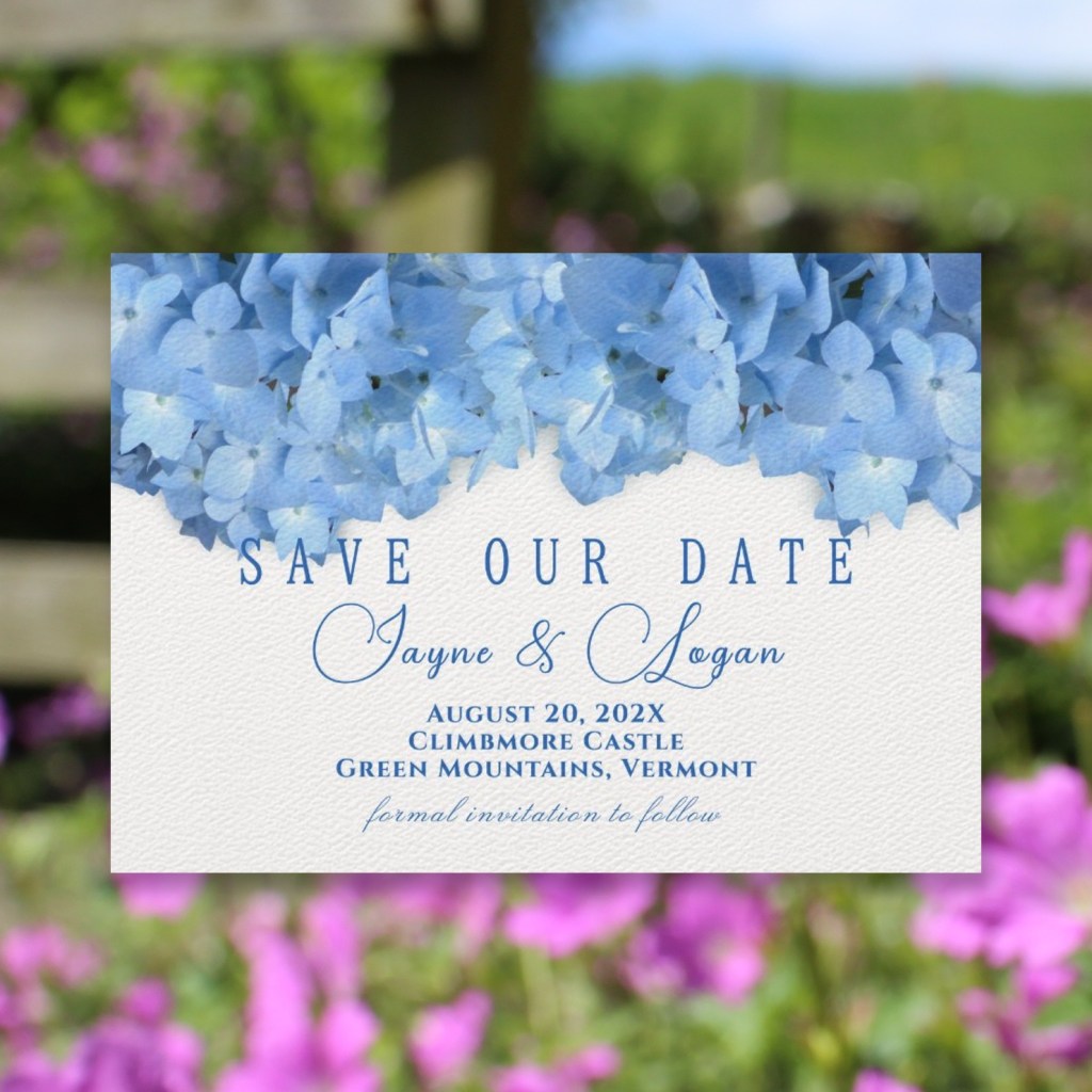 Save the date cards with blue hydrangea flowers top border