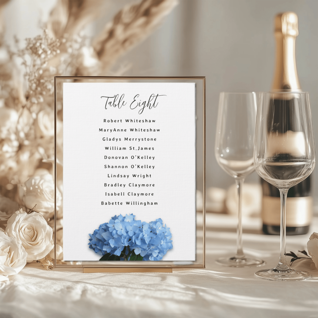 Wedding reception seating list of names for each table, with blue hydrangea flowers design