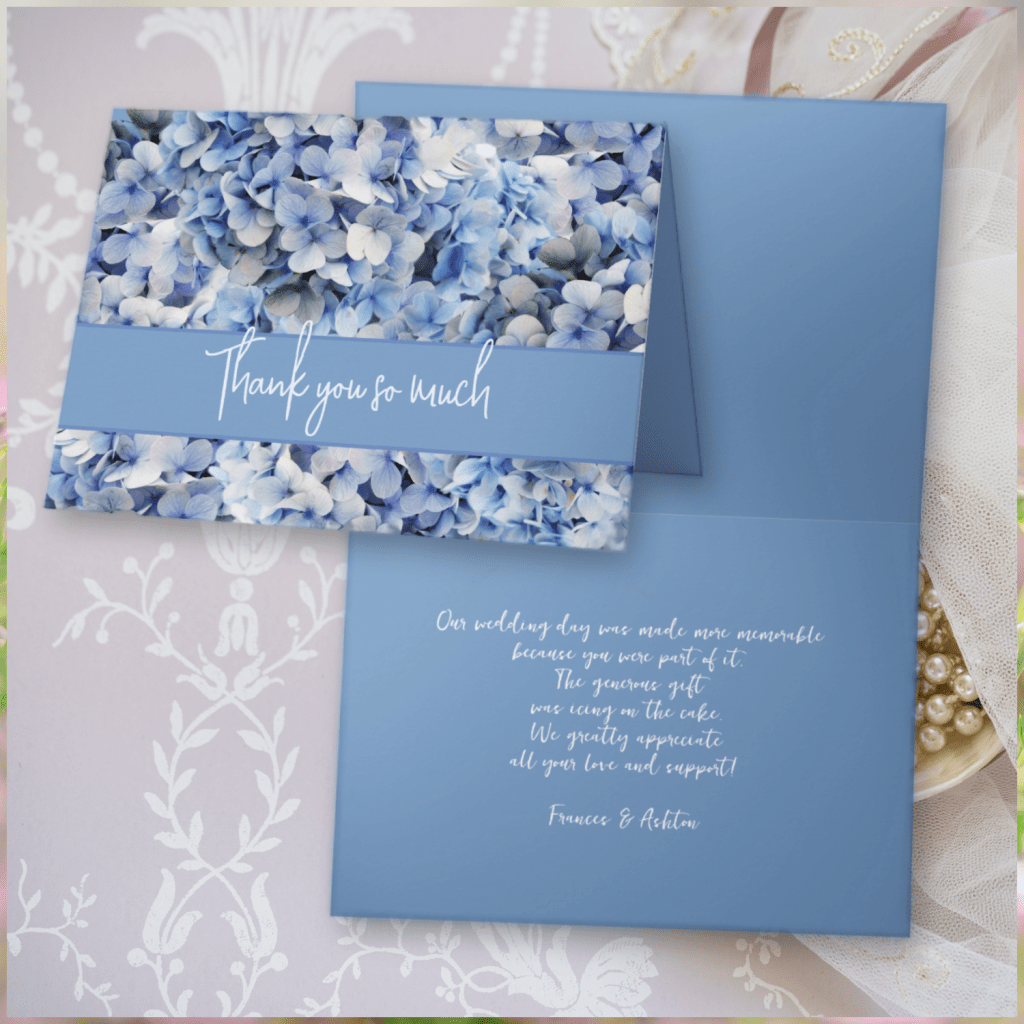 Blue floral, hydrangeas folded thank you custom message cards for married couple or anyone