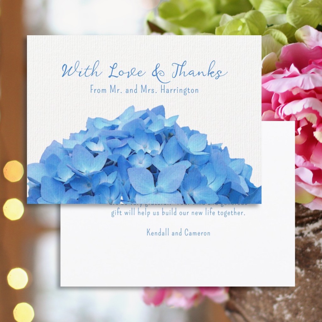 Custom thank you cards for newlyweds with big blue flower design