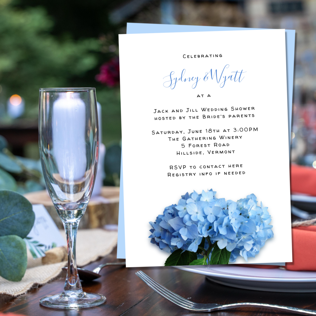 Wedding shower or bridal shower invitations with blue flowers design