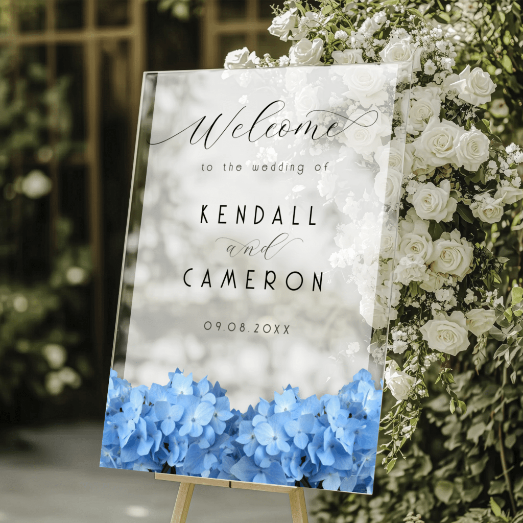 Acrylic blue flowers wedding welcome sign.