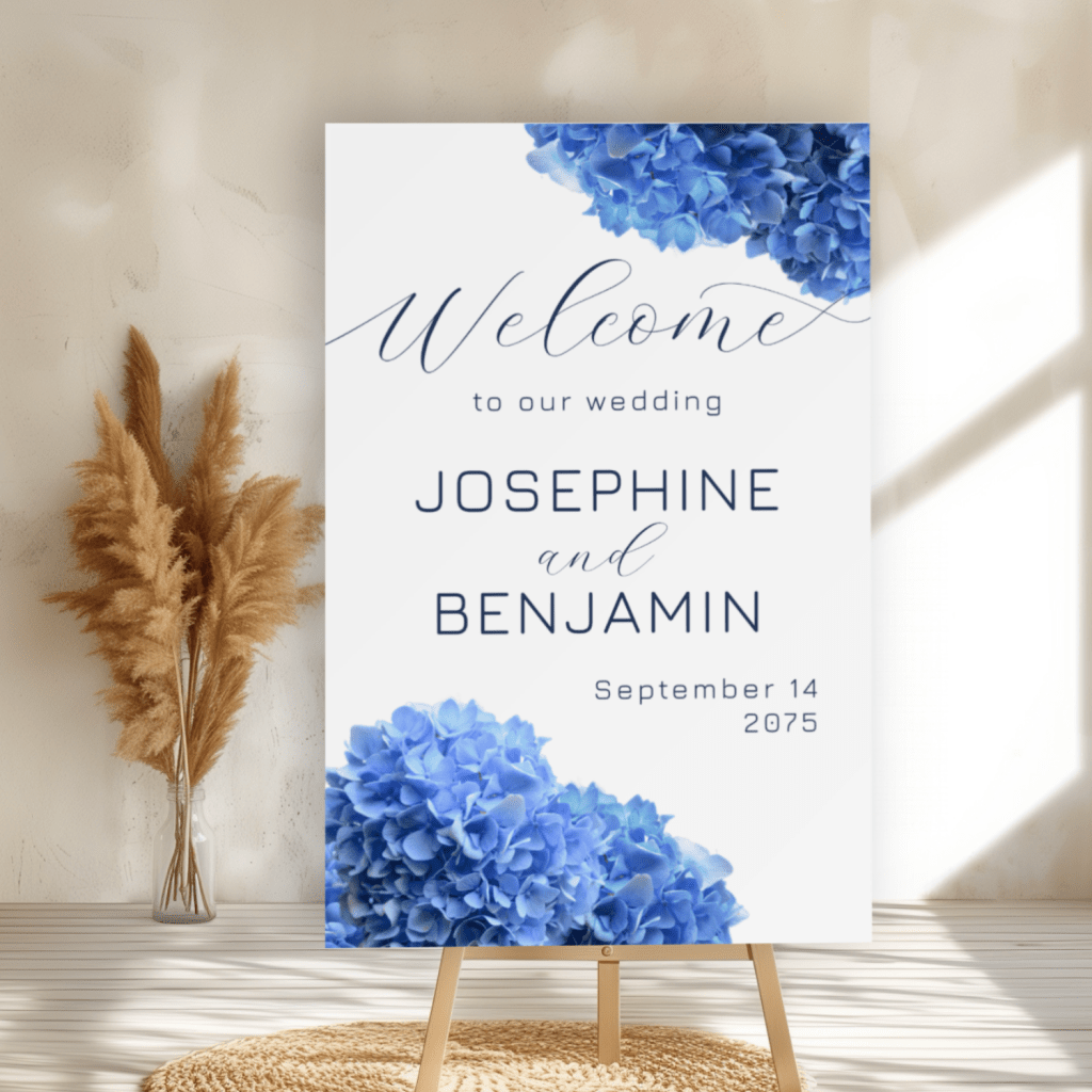 Welcome wedding sign foam board with bright blue hydrangea flowers design.